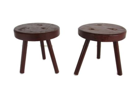 Pair Couple   Hand Carved wood Tripod Milking Stool Pedestal Table Plant Flower Bonsai Stand Side Table Barn Country Style Funky