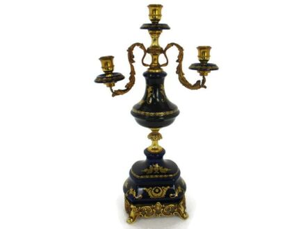 French  Candelabra Brass Porcelain Mignon Limoges  Decor Bleu Three arm Candle Holder