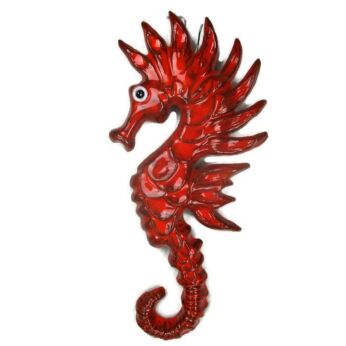 Large French Red Seahorse Hippocampe Modernist Ceramic Wall Plaque Marked Yann