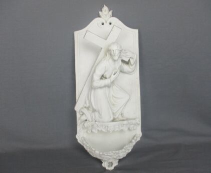 Large Antique porcelain Bisque Holy Water Font Vessel Jesus Crucifix Church WOW