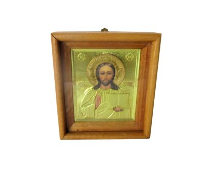 Small Traveling Icon Wooden Frame Glass Front Jesus Christ Copper