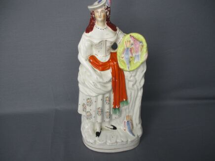 Staffordshire Earthenware Figurine Statue Lady selling Pheasants Polychrome Antique