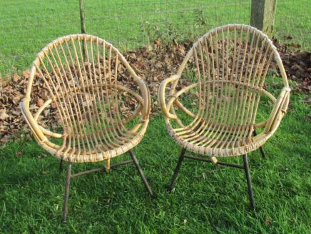 Mid Century Modern Pair Couple Rattan Round Hoop Chairs Wicker Authentic