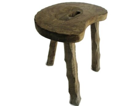 Vintage Hand Carved wood  Milking Stool Pedestal Table Plant Flower Bonsai Stand Side Table Barn Country Style Funky Authentic Tripod