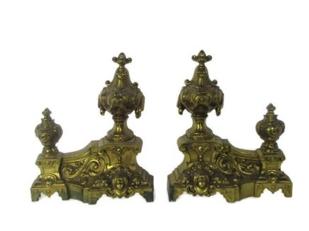 Gothic Couple Pair Mid Century Modern Brass Fireplace Set Andirons Ornate Beautiful