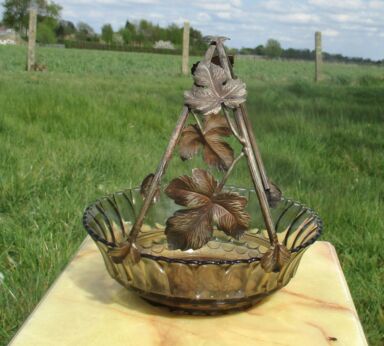 Vintage French Cast Iron Decorative Amber Glass Fruit Basket centerpiece