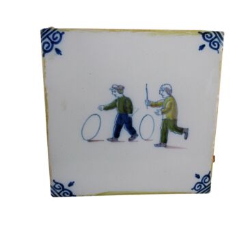 Dutch Vintage Polychrome Wall Decorative Tile Delft Marked Children Playing Hoop