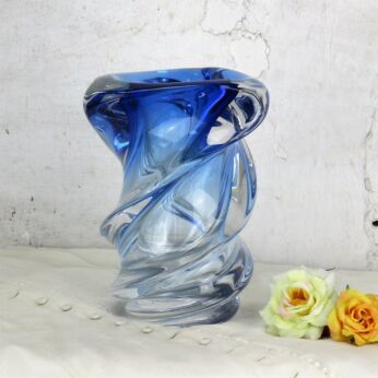 Art Deco Heavy art glass Vase Val St Lambert Twisted Glass Cobalt Blue to Clear