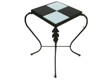 Retro Small Side Table Plant stand Mosaic tiles Checkered pattern Wrought Iron