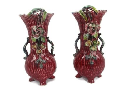 Set of 2 Pair French Barbotine Majolica Vases Planters Centerpiece Gorgeous Flowers High Relief Roses Pink