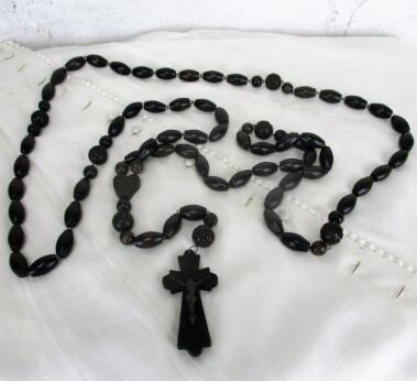 Very Large French Vintage Rosary Carved Wood Lourdes Paternoster Decorative HTF