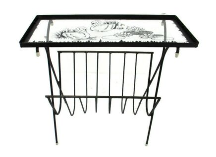 Side Table Magazine Rack Wrought Iron Legs Glass Top Hand painted Swans Vintage