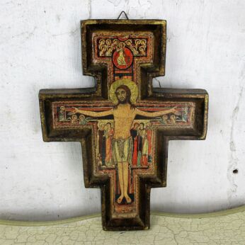 Florentine Wood San Damiano Wall Hanging Crucifix Jesus Christ Gold Gilt Rare