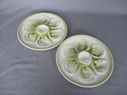 Set of 2 French Oyster Plates Porcelain Faience de St Amand Hand Painted Classy Stylish White Green Marked