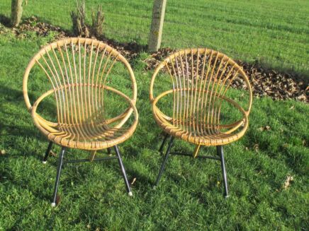 2 Authentic Mid Century Modern Pair Couple Rattan Round Hoop Chairs Wicker