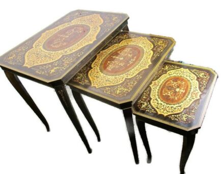 set of 3 Vintage Nesting Coffee Side Tables Cherubs Marquetry Music Box Italy