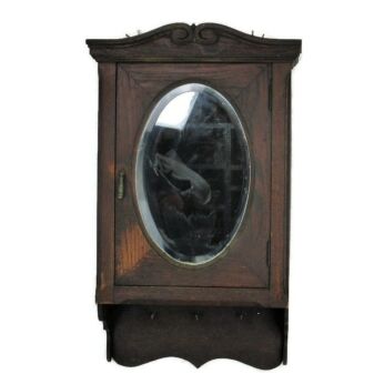 Vintage hand Carved Wood Medicine Wall Cabinet Apothecary Beveled glass Oval