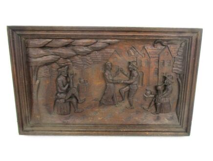 Breughel Scene Festive Hand Carved Wood Wall Panel Bas High Relief Tableaux French Oak Dancing Couple