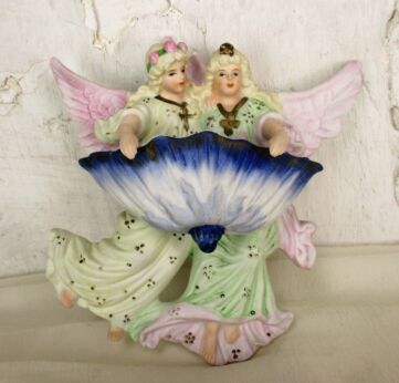 Large French Holy Water Font Vessel Angels Bisque Porcelain HTF 7.08"