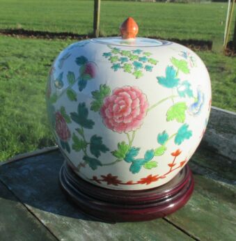 People's Republic Chinese Lidded Vase Urn Jar Green Floral design Marked