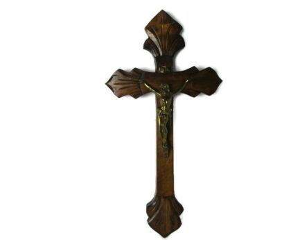 L Hand Carved Wood Hanging Ornate Crucifix Brass Corpus Jesus Christ Mid Century 23.81" 