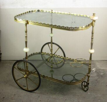 Oval Smoked Glass Marble Bar Cocktail Tea Cart Trolley Hollywood Regency