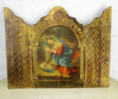 Florentine Wood Triptych Art Panel Traveling Icon Madonna adoring Her Baby