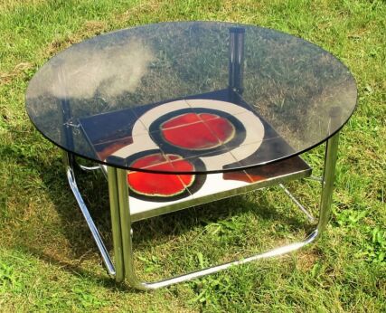 ON HOLD Vintage Coffee Side Table Mid Century Mod Space Age Tiles Orange Smoked Glass