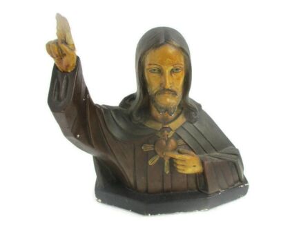 Antique Plaster French Bust Jesus Christ Statue Sacred heart Small Art Deco Polychrome
