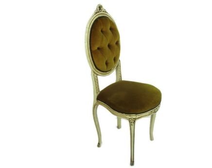 Vintage Lounge Decorative Chair Fauteuil French Provincial style Carved Wood Green Velvet Hobnails