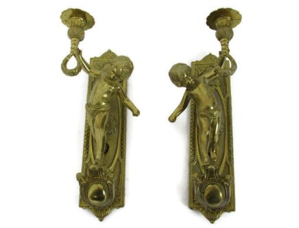 Pair Gorgeous Wall Mounted Sconces Candle Holders Putti Cherub Angels Brass