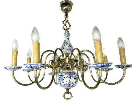 Delft Blue White Porcelain Brass Chandelier Dutch 8 Arms 8 Lights Beautiful