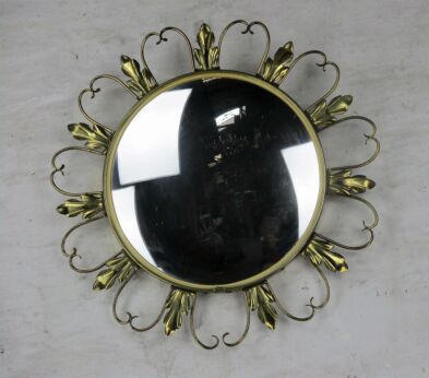 Vintage Starburst Sunburst Metal Wall Convex Mirror Mid Century Gold Leaves