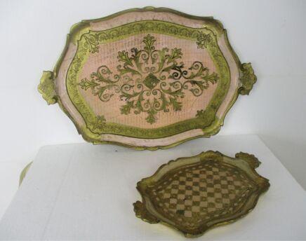 set of 2 Mid Century Pink Italian Hollywood Regency Florentine Serving Tray Gold Resin Wood Decoration Ornate
