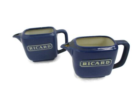 Couple Blue Ricard Pitchers Ceramic France French Authentic Apero Pastis Rare