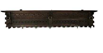 Antique Hand Carved Dark Wood Wall Shelf Coat Kitchen Rack Lion Heads WOW