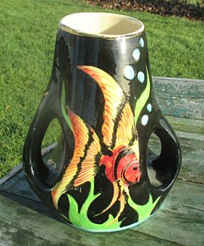 French Vintage Vallauris Decor Main Vase with two Ears Black Fish