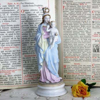RESERVED LUCRECE ACCOMPTE 2 Antique Porcelain Bisque Statue Virgin Mary Our Lady Infant Child Polychrome