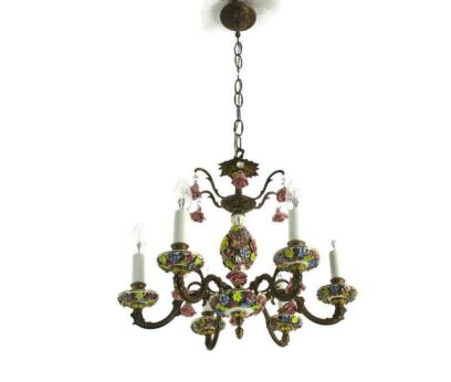Italian Chandelier 6 arm Lights Ornate Brass Porcelain Flowers Exquisite WOW
