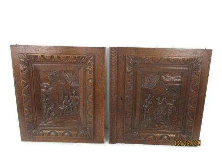 Pair Antique Hand Carved Oak Pheasants Door Panels Reclaimed Architectural Breughel Scenes