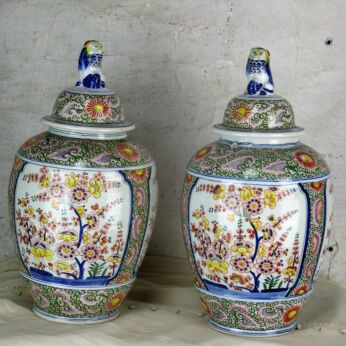 Couple Polychrome Vases Urn Marked Boch Lidded Vase Foo Dog Flower Pattern HTF