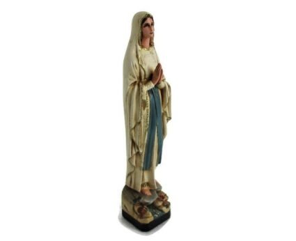 French Statue Virgin Mary Notre Dame de Lourdes Madonna Plaster Signed Thomas 11.22"