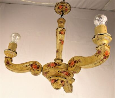 Antique French Provincial Wooden 3 arm Chandelier Florentine Romantic Flowers