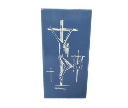 Modernist Ceramic Blue Tile Wall Hanging Small Jesus Christ Crucifix Mettlach Style Made in Belgium HTF