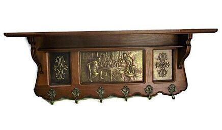 Vintage Wood Oak Coat Hat Rack Copper Breughel Scenes Plaques Mid Century Modern