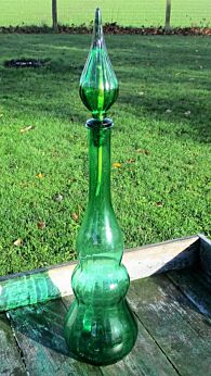Vintage XL Stunning Green Glass Genie Bottle Stopper Decanter Marked Italy 24.8"