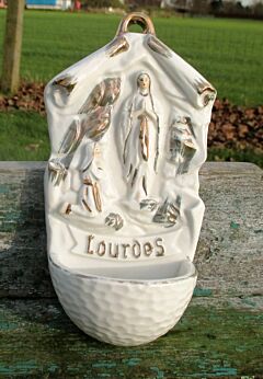 Vintage White Holy Water Font Porcelain Wall Hanging Lourdes France French