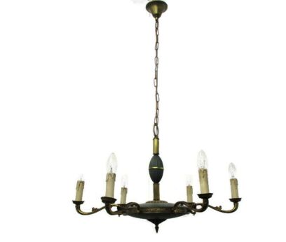 French Empire Chandelier Green Tole Brass 6 arm Hollywood Regency Toleware
