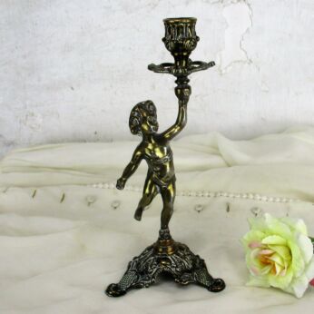Vintage Embossed Brass Ornate Romantic Candle Holder Candelabra Putti Cherub