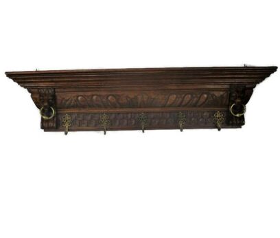 Antique 19th Century Huge hand Carved Wood Wall Shelf Coat Hat Rack Lion Heads